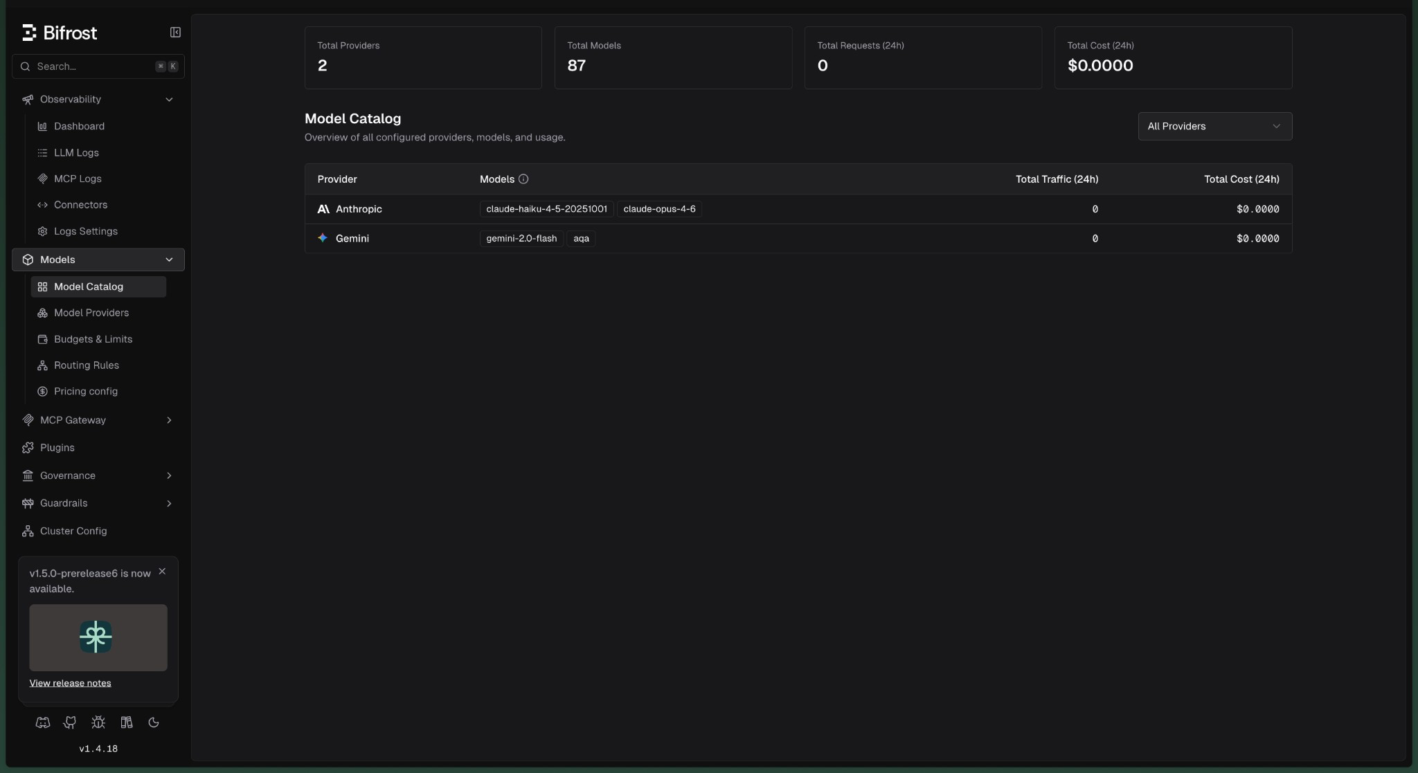 Bifrost Model Catalog dashboard showing Gemini and Anthropic providers
