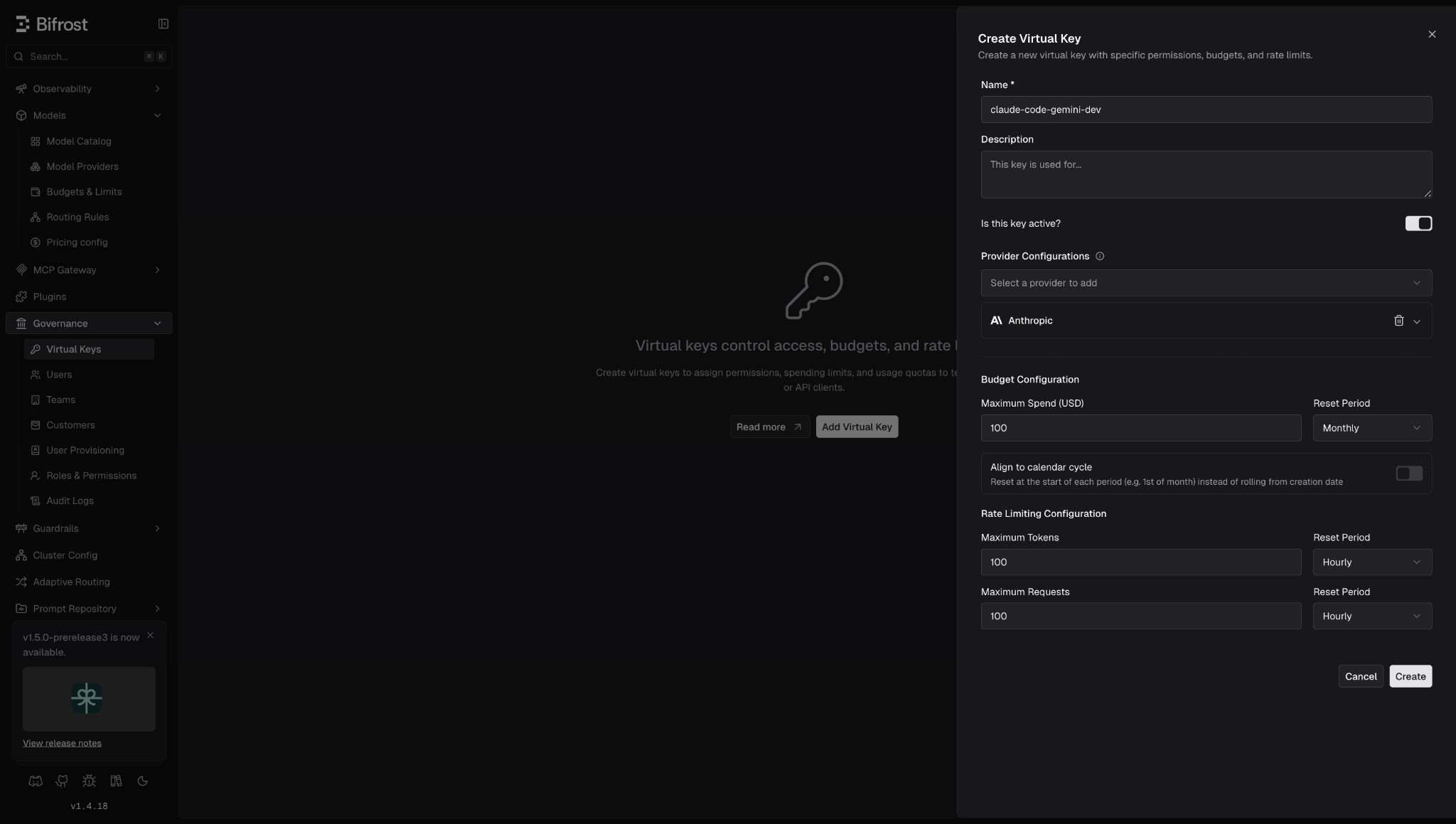 Bifrost Model Catalog dashboard showing OpenAI and Anthropic providers